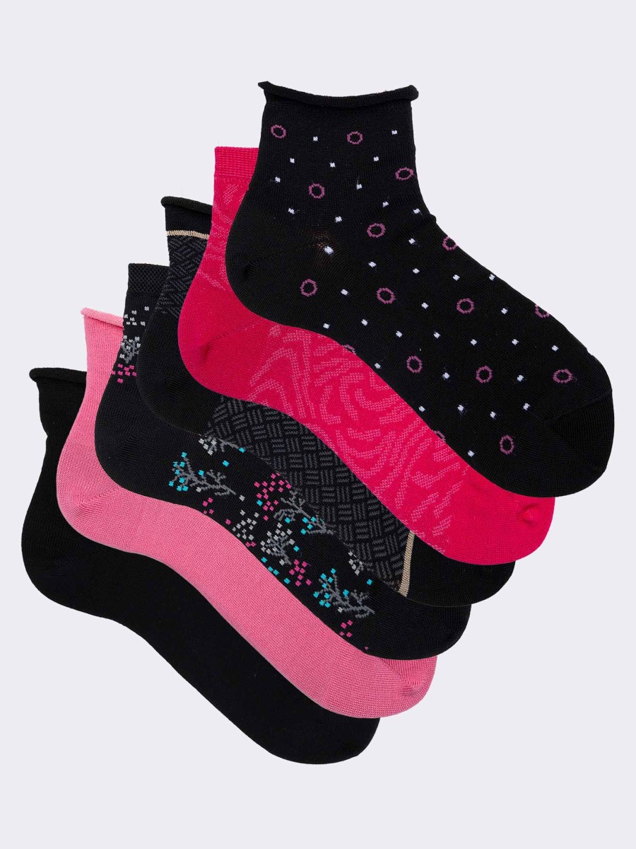 Geschenkpackung mit 6 Paar Damen-Socken mit elegantem Mix-Muster aus frischer Baumwolle